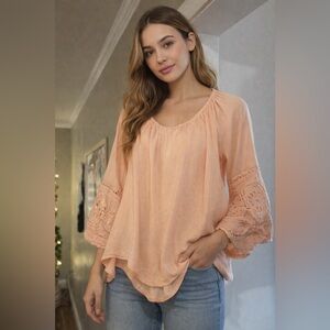 Chic Coral Blouse with Lace Detail